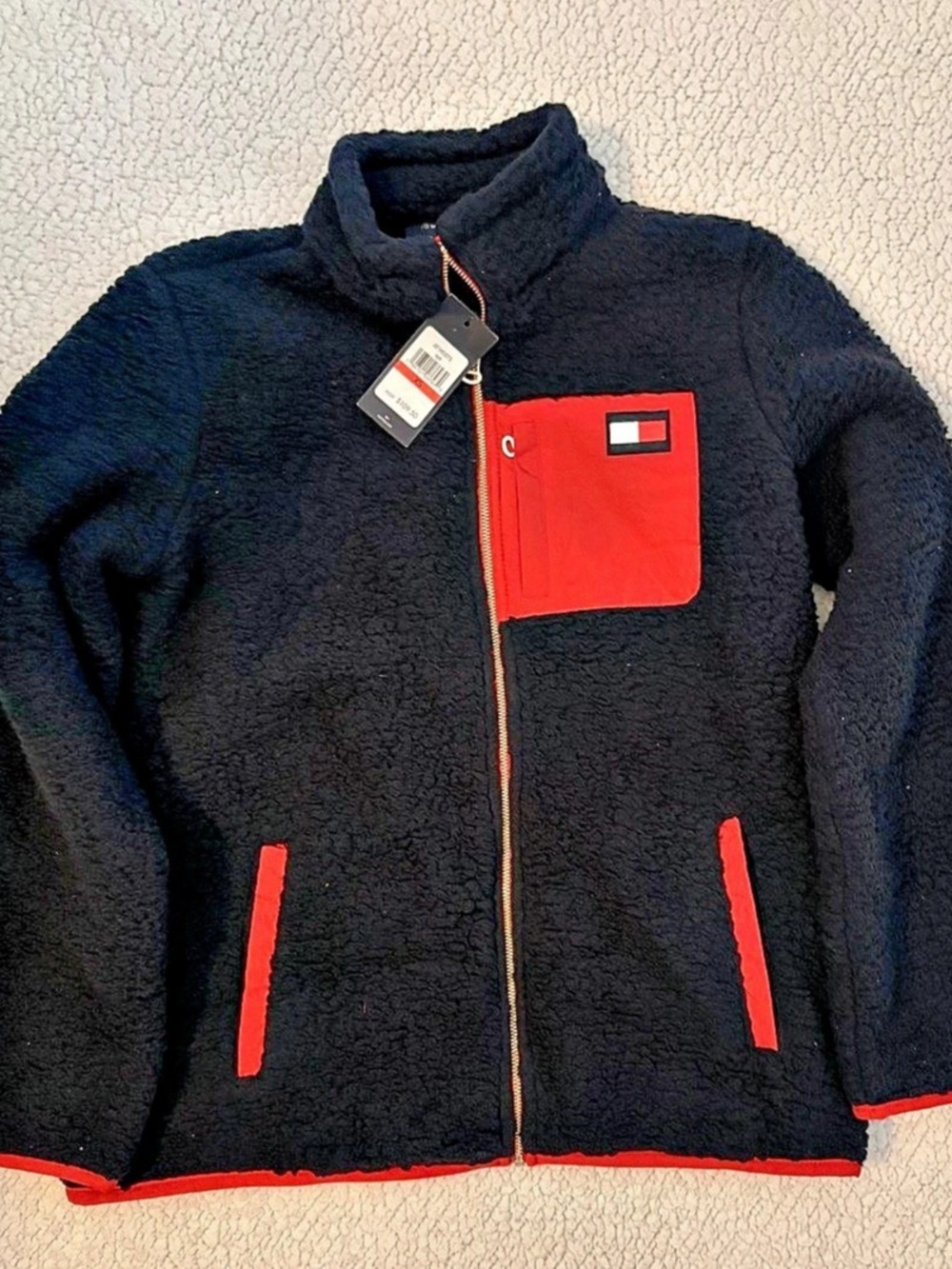Tommy Hilfiger Sherpa Mock-Neck Zippered Jacket Black & Red